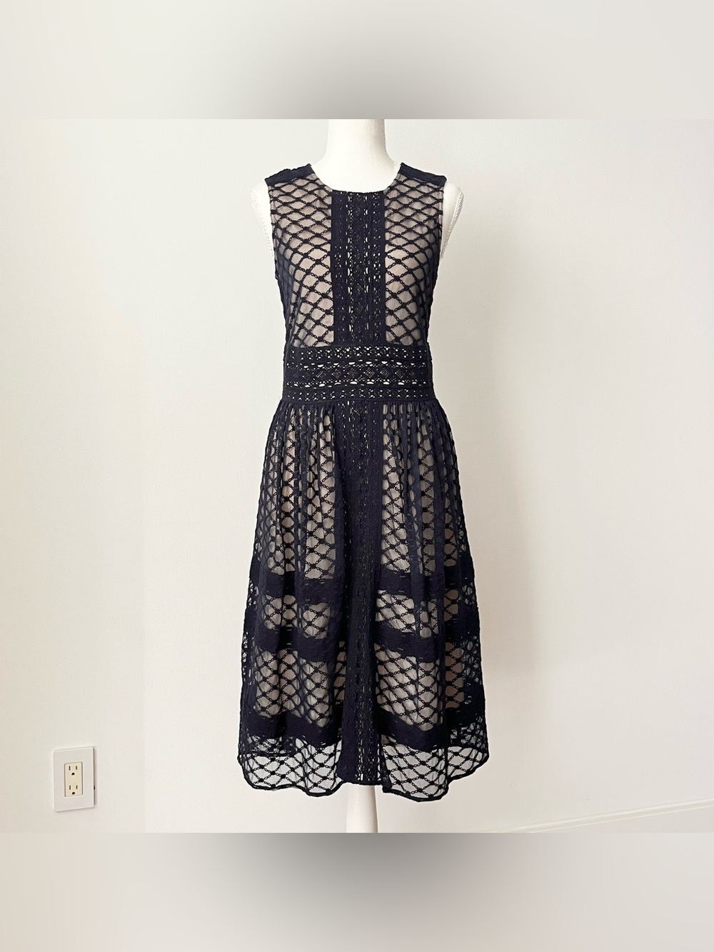 Sundance Black Crochet Sheer Dress Size 6 Fit & Flare Elegant Wedding Guest Chic